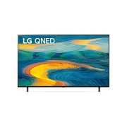 Een vooraanzicht van de LG QNED TV met invulbeeld en productlogo op