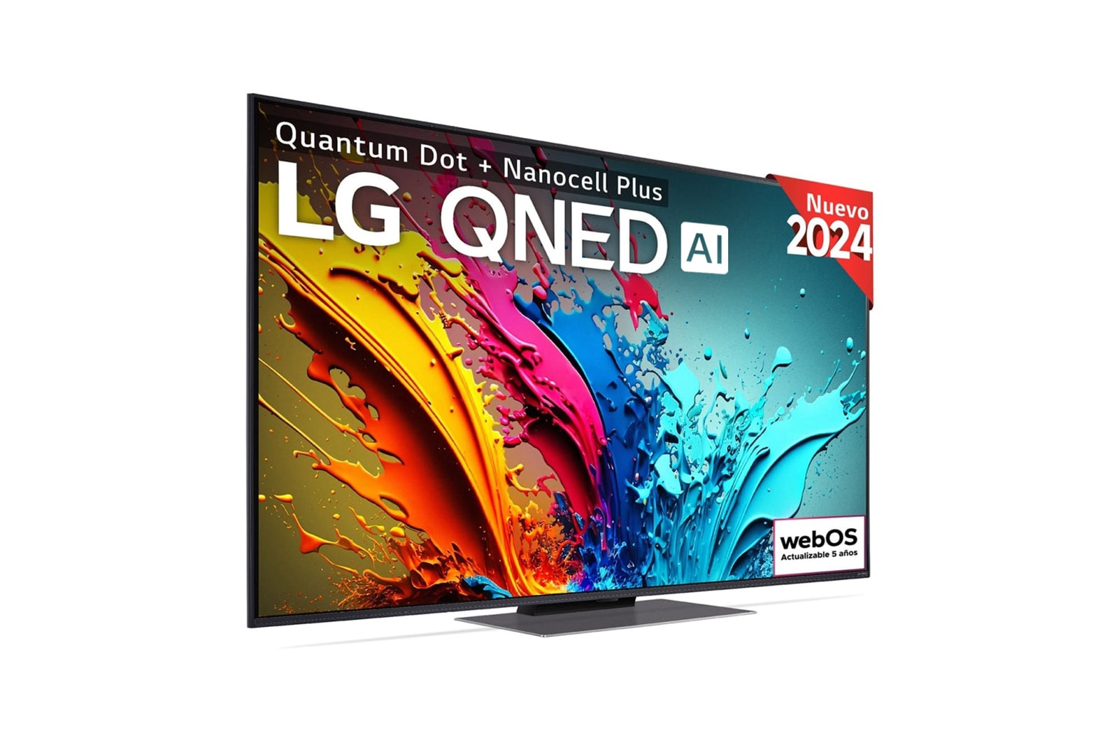 Ansicht der Vorderseite des LG QNED TV, QNED85 mit Text LG QNED und 2024 auf dem Bildschirm