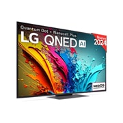 Ansicht der Vorderseite des LG QNED TV, QNED85 mit Text LG QNED und 2024 auf dem Bildschirm