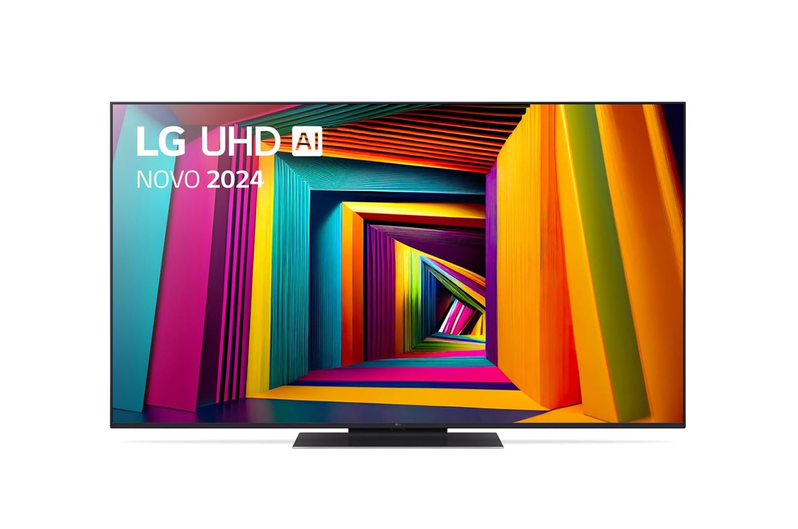 Vorderansicht des LG UHD Fernsehers, UT90 mit Text von LG UHD AI ThinQ und 2024 auf dem Bildschirm