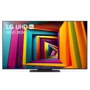 Vorderansicht des LG UHD Fernsehers, UT90 mit Text von LG UHD AI ThinQ und 2024 auf dem Bildschirm