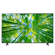 Prikaz prednje strane televizora LG UHD s nadograđenom slikom i na njoj logotip proizvoda