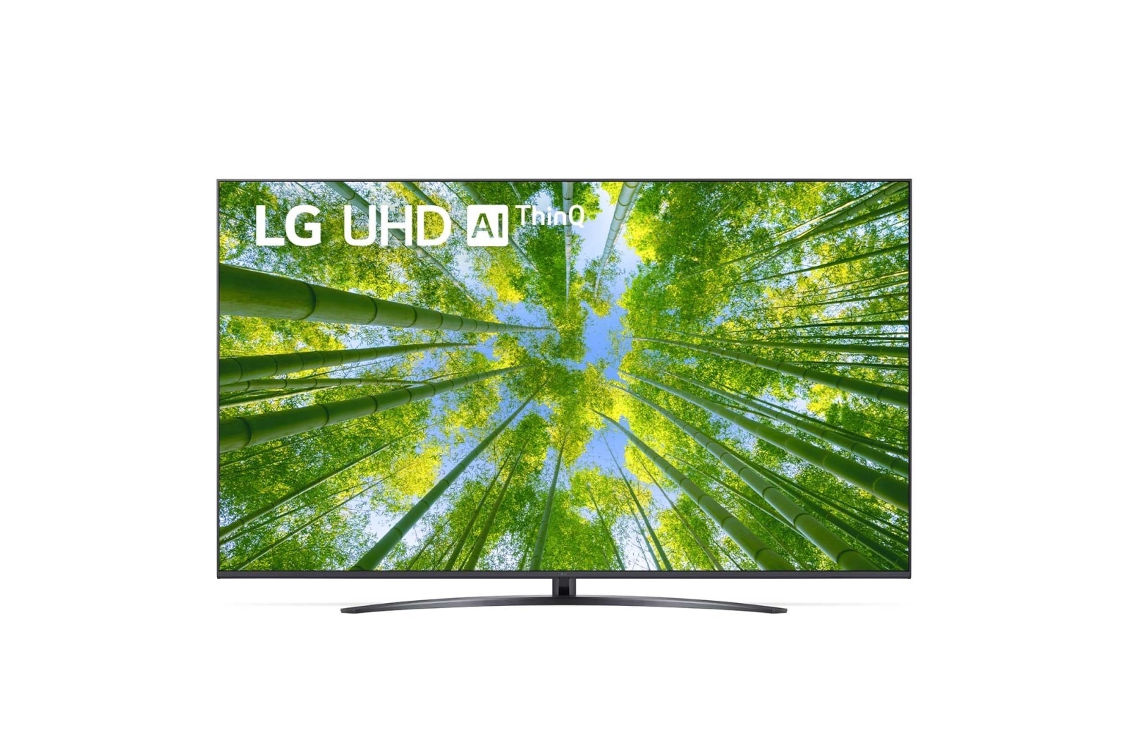 Prikaz prednje strane televizora LG UHD s nadograđenom slikom i na njoj logotip proizvoda