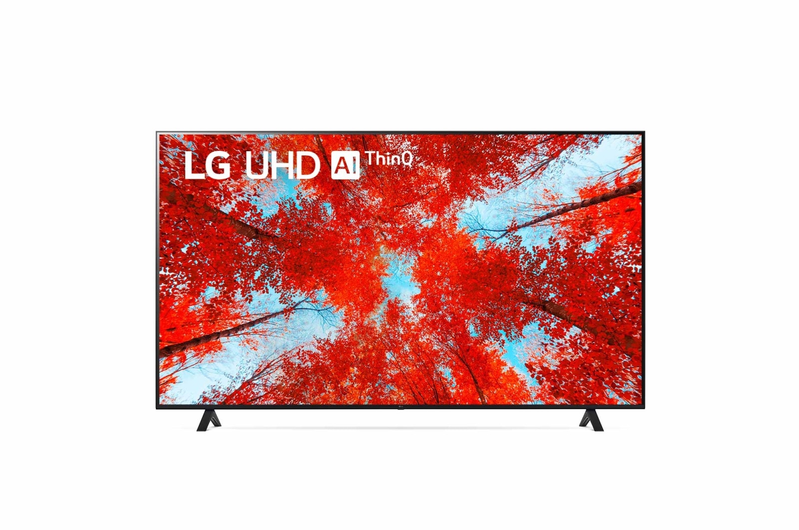 Prikaz prednje strane televizora LG UHD s nadograđenom slikom i na njoj logotip proizvoda