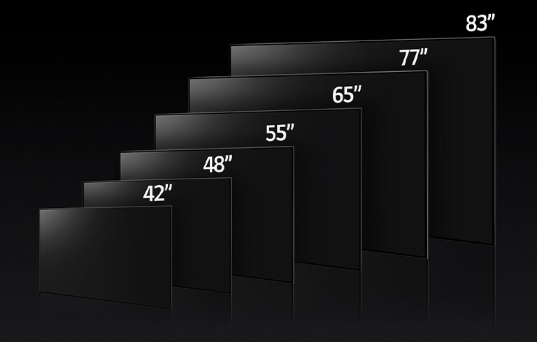 Ein Bild, auf dem die verschiedenen Größen der LG OLED evo TV C3-Serie verglichen werden - mit 42 Zoll, 48 Zoll, 55 Zoll, 65 Zoll, 77 Zoll und 83 Zoll.