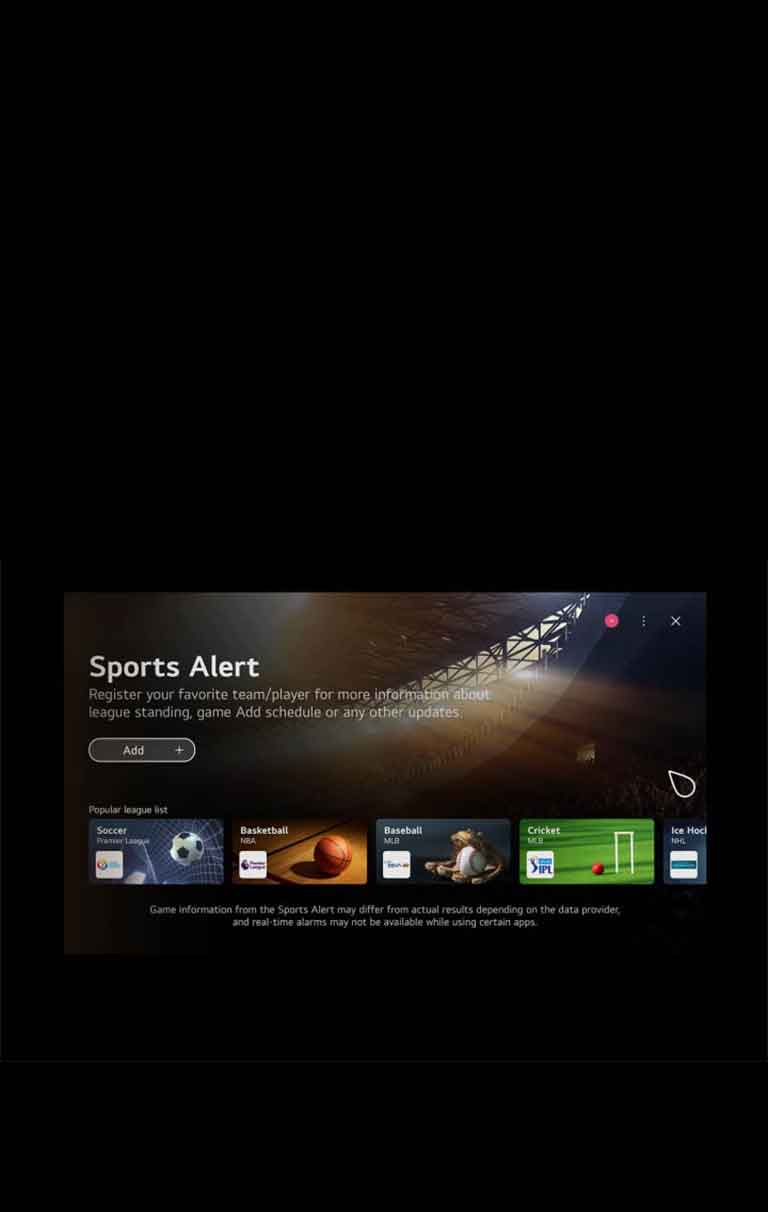 Ein Video, das die Startseite des webOS anzeigt. Der Cursor klickt auf die Game Quick Card und dann auf die Sports Quick Card, beide führen zu Bildschirmen mit entsprechendem Inhalt.