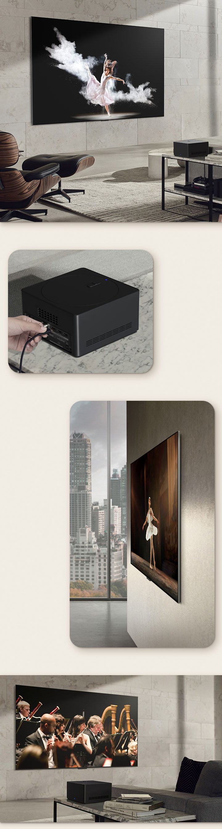 Ein Bild des LG OLED M3 an der Wand eines gemütlichen Zimmers mit einem Hund und einer Person, die die stromlinienförmige Aussicht genießt. Eine Nahaufnahme einer Person, die ein Kabel an die Zero Connect Box anschließt. Eine Seitenansicht des LG OLED M3 mit seinen unglaublich schlanken Abmessungen. Eine schräge Ansicht von Zero Connect zeigt M3 an der Wand eines grauen Zimmers, wobei die Zero Connect Box das Bild kabellos überträgt.