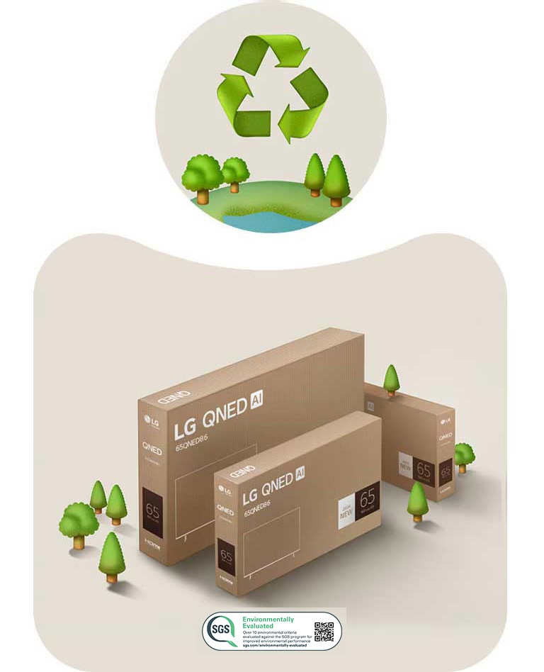 LG QNED Verpackung vor einem beigen Hintergrund mit illustrierten Bäumen. 