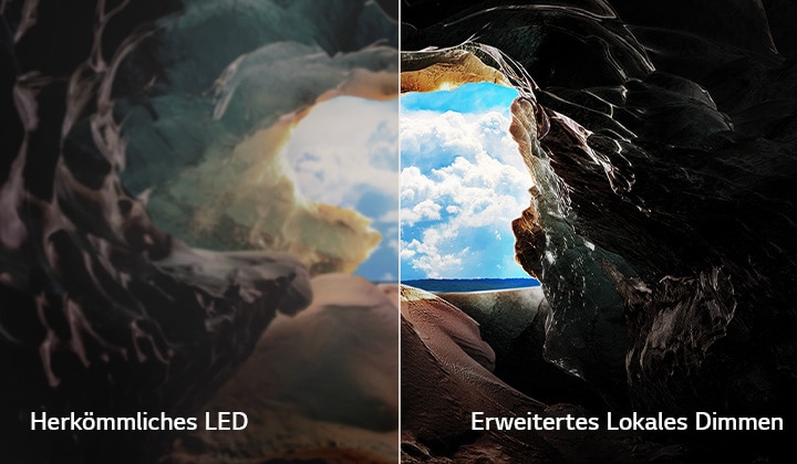 Perspektive aus dem Inneren einer Höhle mit Blick auf den Höhleneingang, wo ein blauer Himmel und der Horizont zu sehen sind. Die gesamte Szene ist in zwei Hälften geteilt, um die Möglichkeiten von QNEDs Erweitertem Lokalen Dimmen zu zeigen. Auf der einen Seite sind die Farben und Details verwaschen und das Bild wirkt matschig. Auf dem Etikett steht: Konventionelle LED. Die andere Seite hat einen tollen Schwarzwert, einen besseren Kontrast, eine höhere Helligkeit und bessere Farben. Auf dem Etikett steht „Erweitertes Lokales Dimmen“. 