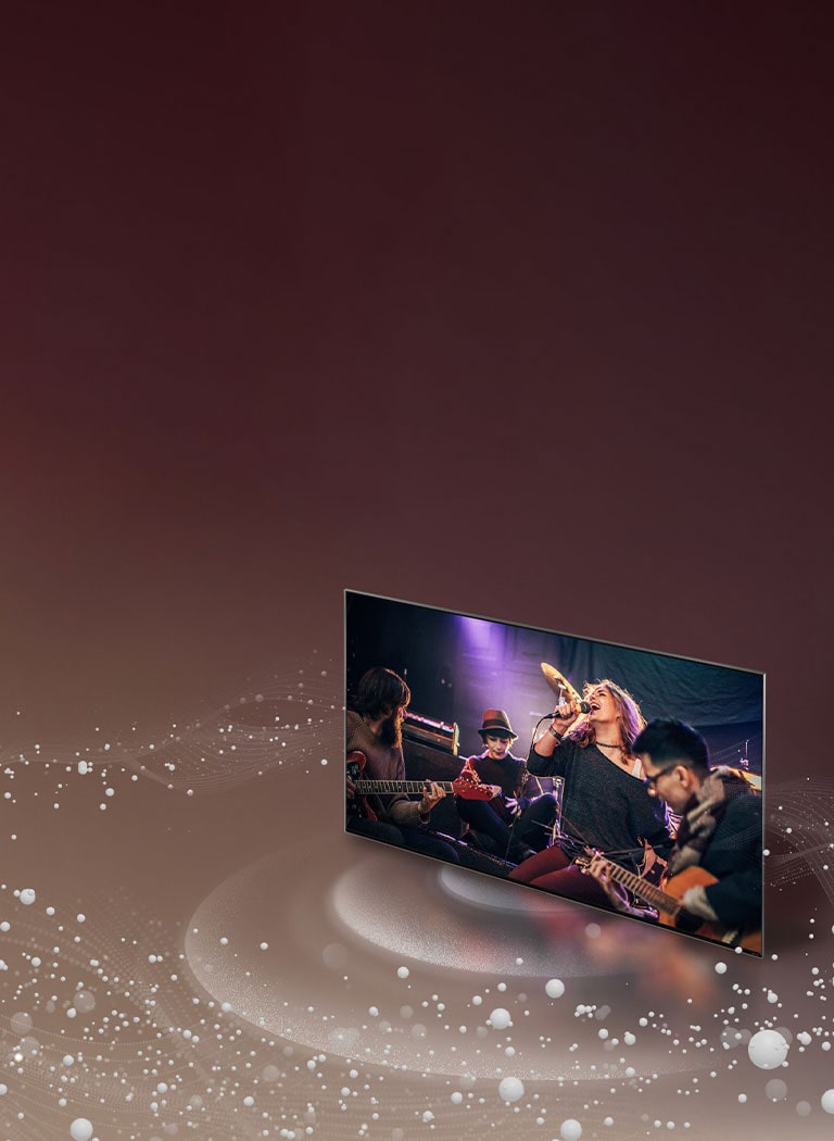 Wir sehen einen LG TV und Schallblasen und -wellen, die vom Bildschirm ausgehen und den Raum füllen.