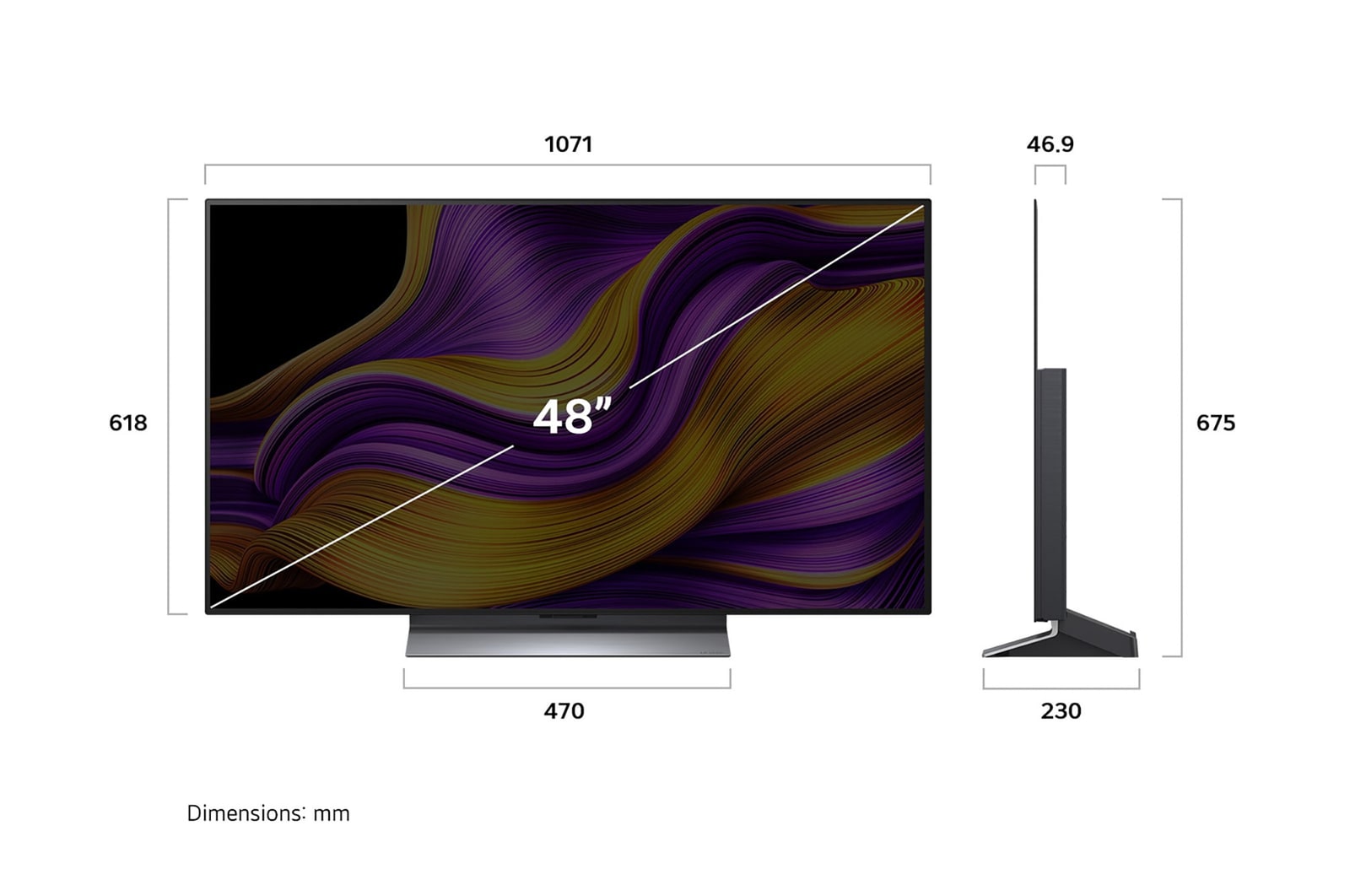 Frontansicht und Seitenansicht des LG OLED evo AI G5 4K Smart TV mit den Abmessungen der Länge, Breite, Höhe und Tiefe.