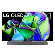 Vorderansicht mit dem LG OLED evo „11 Years World No.1“-OLED-Logo und Logo für 5 Jahre Garantie auf das Display auf dem Bildschirm