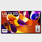 Ansicht der Vorderseite des LG OLED evo AI TV, OLED G4. Auf dem Bildschirm befinden sich das OLED-Gütesiegel „Seit 11 Jahren weltweit die Nummer 1“ bei OLED-Gütesiegel, das Logo des „webOS Re:New Prog