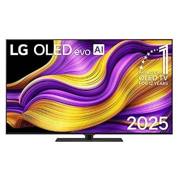Frontansicht des LG OLED evo AI G5 4K Smart TV. Ein "12 Years of world number 1 OLED"-Emblem und das "LG OLED AI 2025"-Logo sind auf dem Bildschirm zu sehen.