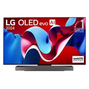 Ansicht der Vorderseite des LG OLED evo AI TV, OLED C4. Auf dem Bildschirm befinden sich das OLED-Gütesiegel „Seit 11 Jahren weltweit die Nummer 1“ und das „webOS Re:New“-Logo sowie die Soundbar darun