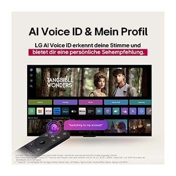 On an LG OLED TV screen is the webOS 25 home page filled with apps and entertainment content. By the TV is the LG AI Magic Remote, the AI button is highlighted as if activated by the user's voice. A speech bubble is beside it, switching to my account. The short text explains how users can now synchronize their voice to their personal profile for easier navigation and personalized recommendations.