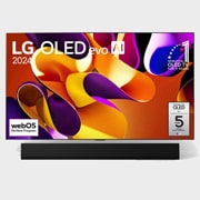 Ansicht der Vorderseite des LG OLED evo AI TV, OLED G4. Auf dem Bildschirm befinden sich das OLED-Gütesiegel „Seit 11 Jahren weltweit die Nummer 1“, das Logo des „webOS Re:New Program“ und das „5 Year