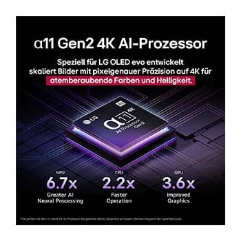 Frontansicht und Seitenansicht des LG OLED evo AI G5 4K Smart TV mit den Abmessungen der Länge, Breite, Höhe und Tiefe.