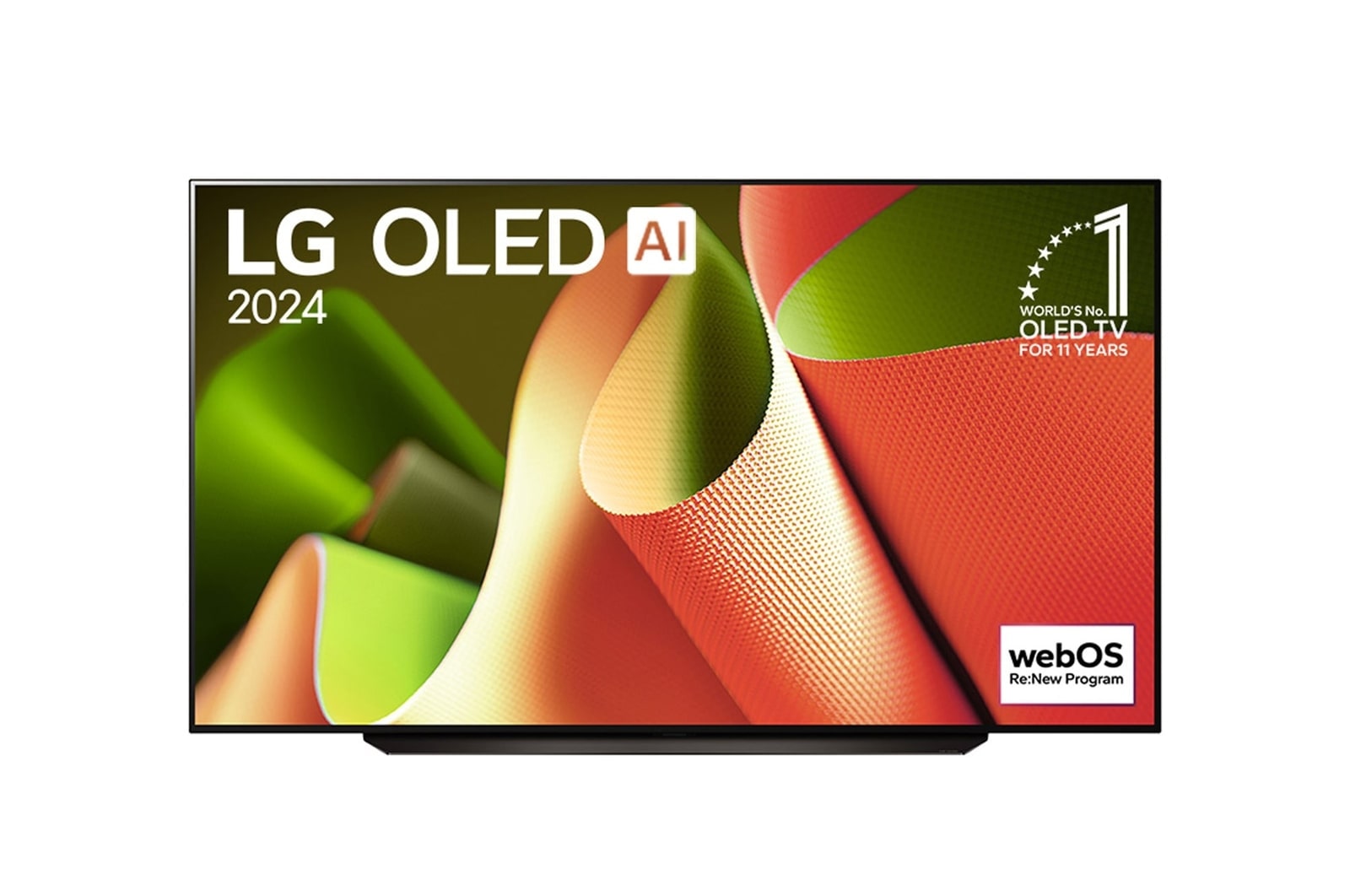 Ansicht der Vorderseite des LG OLED TV, OLED AI B4 mit zweipoligem Standfuß. Auf dem Bildschirm befinden sich das OLED-Gütesiegel „Seit 11 Jahren weltweit die Nummer 1“ und das „webOS Re:New“-Logo.