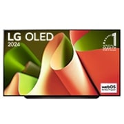 Ansicht der Vorderseite des LG OLED TV, OLED AI B4 mit zweipoligem Standfuß. Auf dem Bildschirm befinden sich das OLED-Gütesiegel „Seit 11 Jahren weltweit die Nummer 1“ und das „webOS Re:New“-Logo.