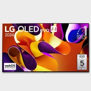Ansicht der Vorderseite des LG OLED evo AI TV, OLED G4. Auf dem Bildschirm befinden sich das OLED-Gütesiegel „Seit 11 Jahren weltweit die Nummer 1“ bei OLED-Gütesiegel, das Logo des „webOS Re:New Prog
