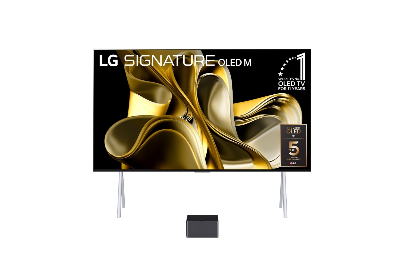 Frontansicht mit LG OLED M3 und Zero Connect Box unten, 10 Jahre World No.1 OLED Emblem, LG OLED evo und 5-Jahres-Panel-Garantie-Logo auf dem Bildschirm