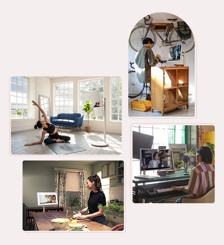 Es gibt 4 Collagen mit Lifestyle-Bildern von Menschen, die verschiedene Aktivitäten ausführen, während sie fernsehen - eine Frau macht Yoga, während sie ein Yoga-Tutorial anschaut, ein Mann repariert sein Fahrrad, während er ein Tutorial anschaut, ein anderer Mann streamt sich selbst beim Singen, und eine Frau kocht, während sie ein Rezeptvideo anschaut.