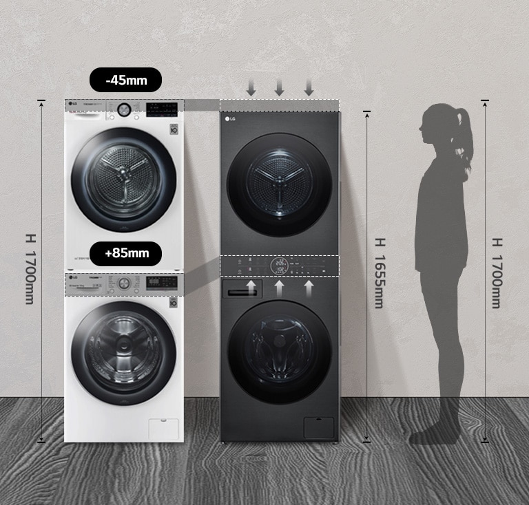 Zwei gestapelte LG Waschmaschinen, eine weiß, eine schwarz, mit Höhenangaben, stehen neben einem Silhouettenbild.