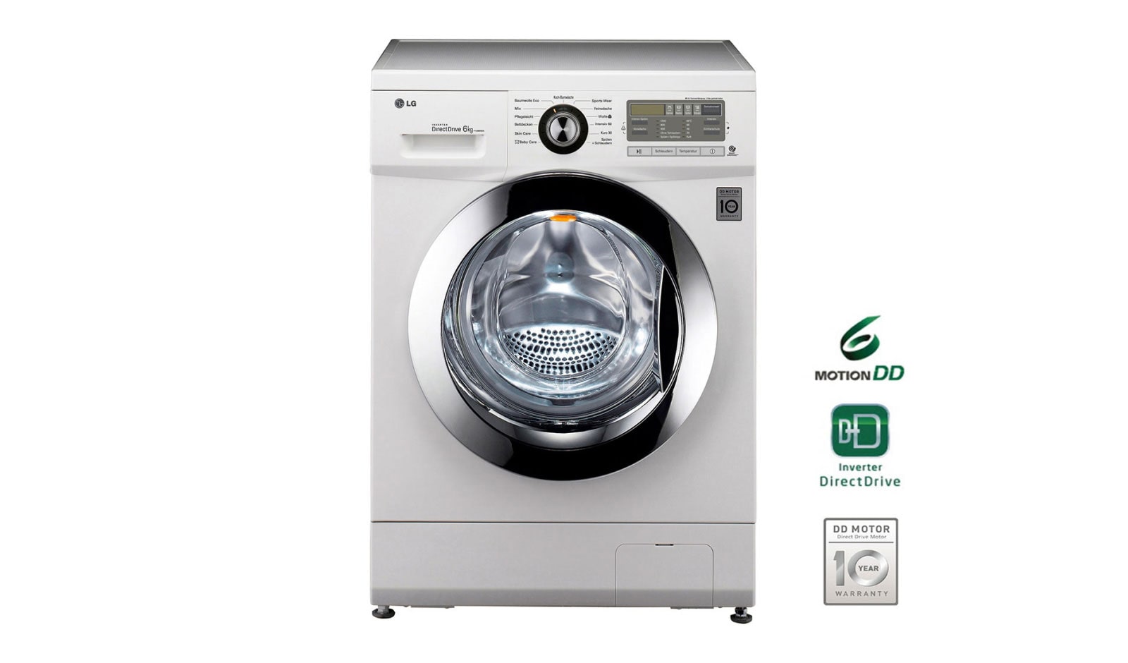 Vorderansicht von LG Waschmaschine mit bis zu 6 kg Fassungsvermögen, 6 Motion DirectDrive™ und einer Gerätetiefe von nur 44 cm. F1296NDAH