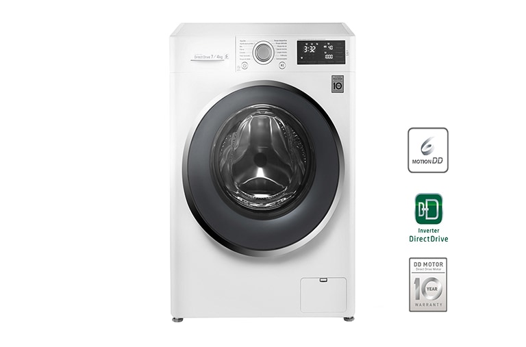 Vorderansicht von Waschtrockner mit 6 Motion Direct Drive™-Technologie. 7 kg Waschen / 4 kg Trocknen bei nur 45 cm Gerätetiefe. F12U2HDM1NH