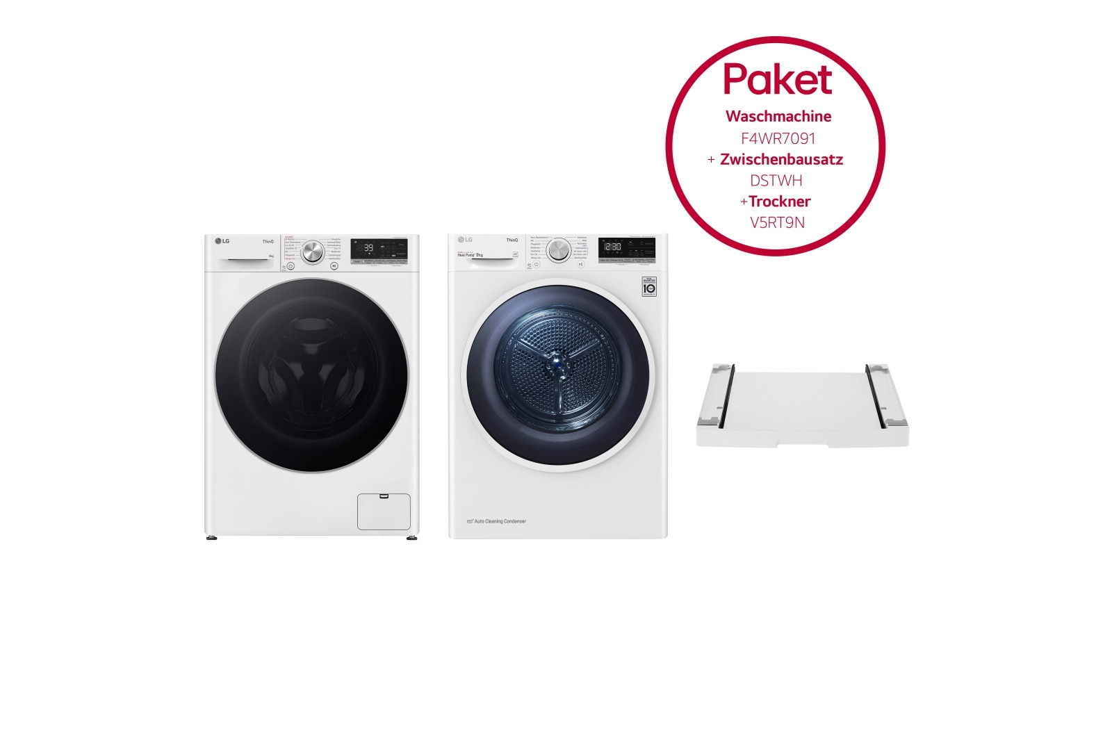 Vorderansicht von Trockner | 9KG LG V5RT9N &amp;  Waschmaschine mit 9 kg Kapazität | EEK A | F4WR7091 &amp;  Zwischenbaurahmen für Waschmaschinen und Trockner F4WR7091.V5RTDST