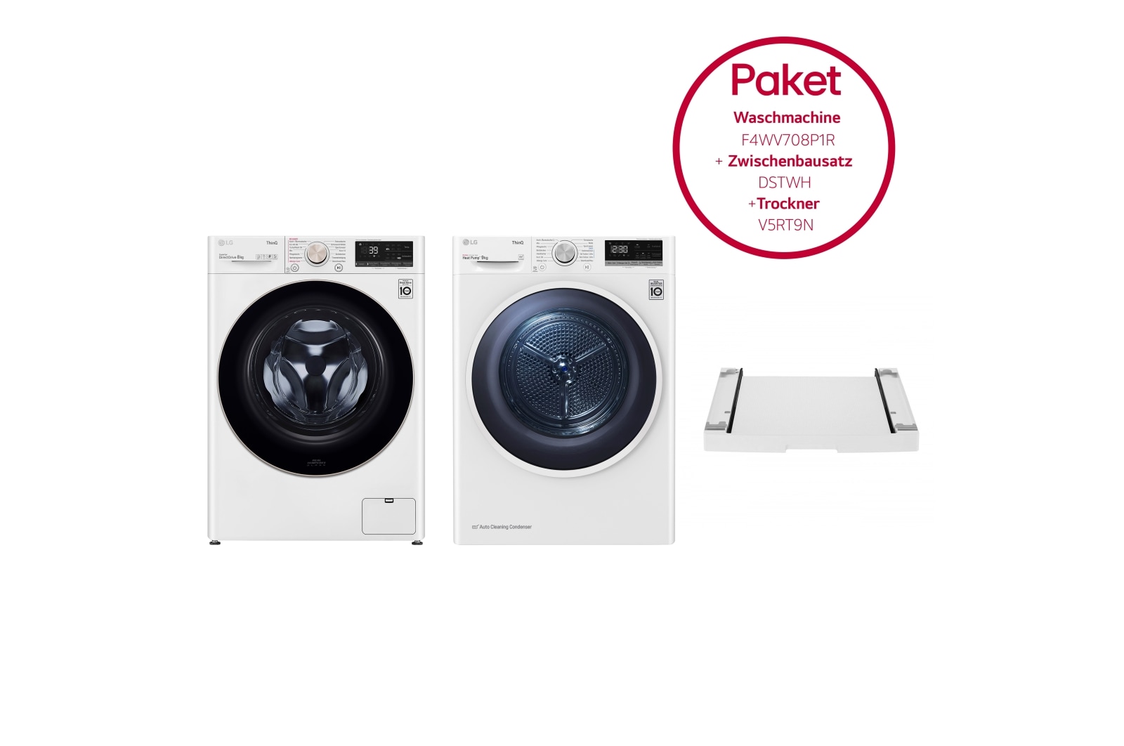 Vorderansicht von Trockner | 9KG LG V5RT9N &amp;  Waschmaschine | 8 kg | AI DD™ | LG F4WV708P1R &amp; Zwischenbaurahmen für Waschmaschinen und Trockner F4WV708.V5RTDST