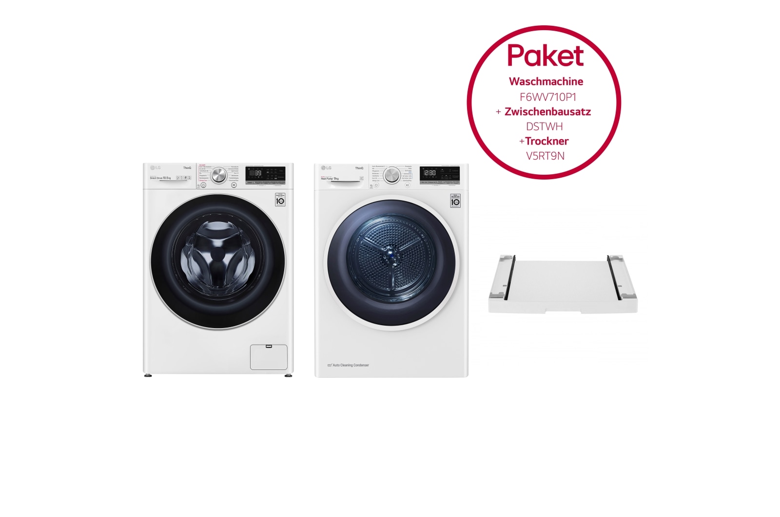 Vorderansicht von Trockner | 9KG LG V5RT9N &amp;  Waschmaschine | 10.5 kg | AI DD™ | LG F6WV710P1 &amp; Zwischenbaurahmen für Waschmaschinen und Trockner F6WV710.V5RTDST