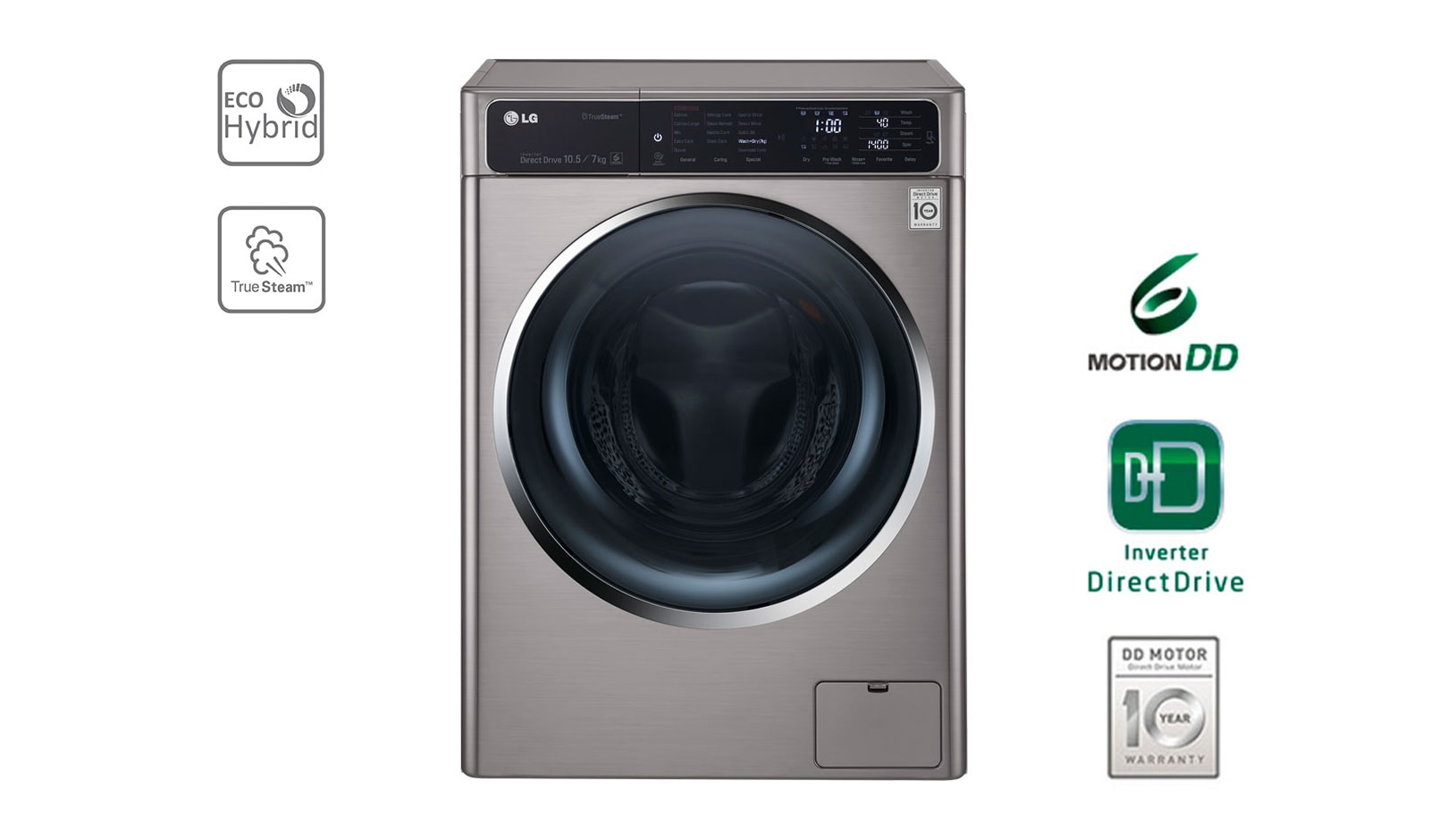 Vorderansicht von Waschtrockner mit ECO Hybrid System, NFC und 6 Motion DirectDrive™. 10,5 Kg Waschen / 7 kg Trocknen. F14U1JBH6NH