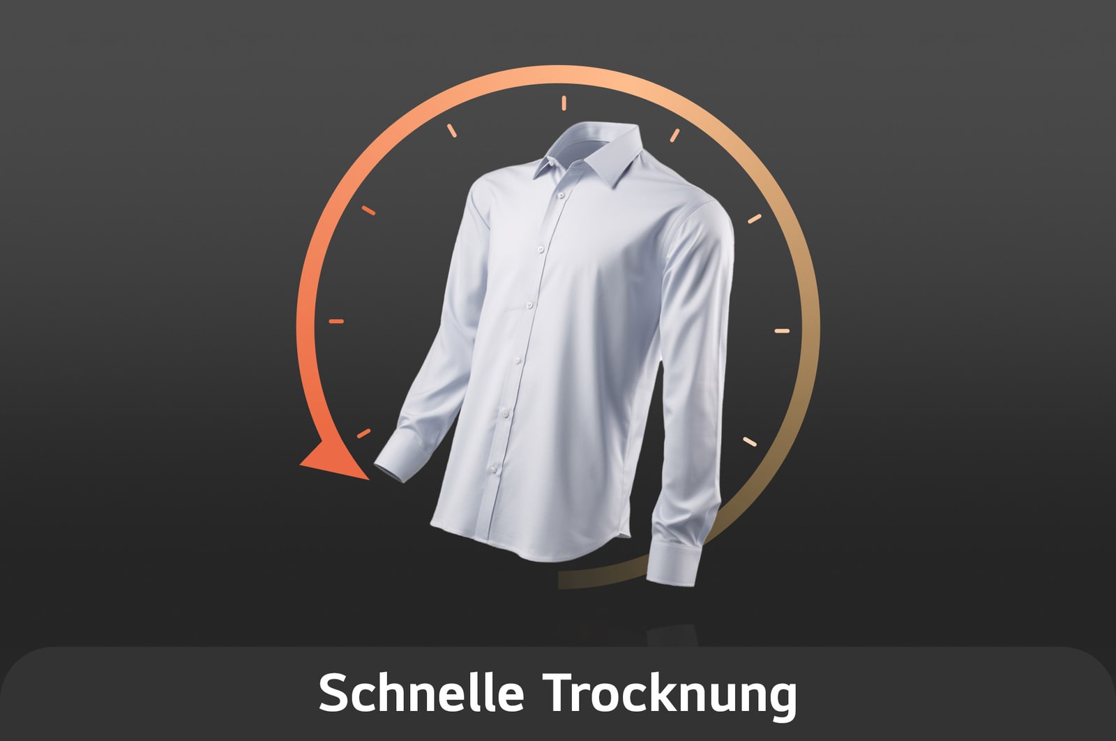 Grafik, die den schnellen Trocknungszyklus des LG Trockners RT90X8C illustriert und ein perfekt getrocknetes Hemd vor einem Timer zeigt, mit Energieeffizienzklasse B.