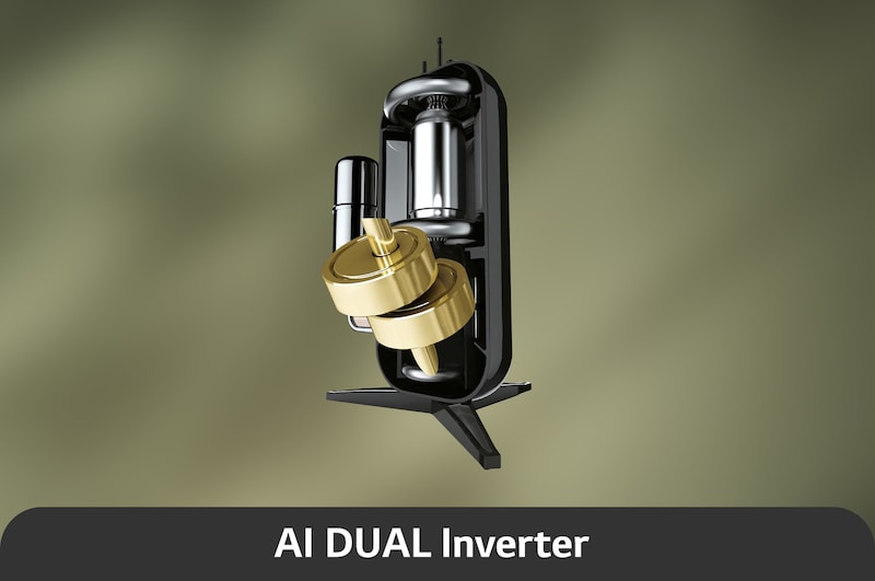 Eine Nahaufnahme des AI DUAL Inverter-Kompressors des LG Trockners RT90X8C, die seine fortschrittliche Wärmepumpentechnologie hervorhebt, mit Energieeffizienzklasse B.