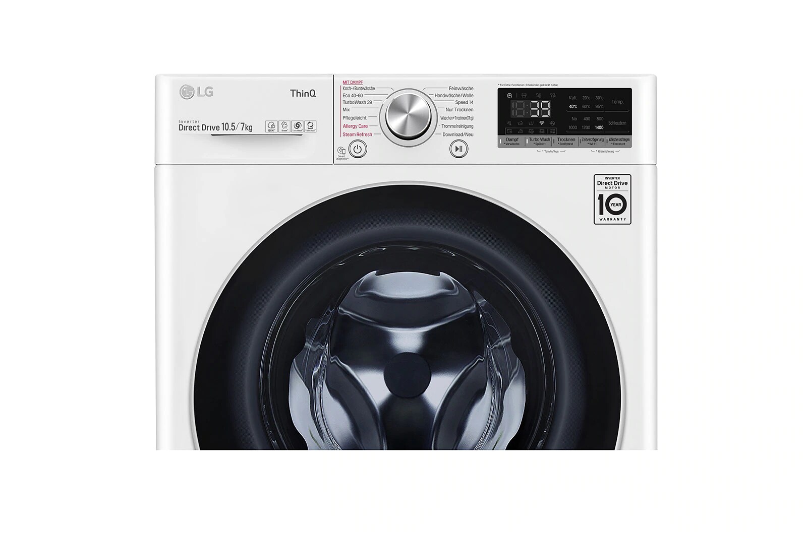 LG Waschtrockner mit AI DD™ | 10,5 kg Waschen | 7 kg Trocknen | 1400 U/Min | Steam | TurboWash™ | Neue Wohlfühl-Trommel | LG V7WD107HSE, V7WD107H2E