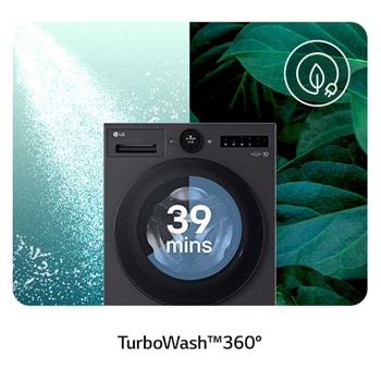Die LG 11 kg Waschmaschine F4WX801YB in Matte Black mit TurboWash®360°-Technologie für eine gründliche Wäsche in nur 39 Minuten, mit Energieeffizienzklasse A-40%.