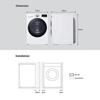 Technische Zeichnung des LG Trockners RT18VT: B 70, H 99, T 82 cm, inkl. Installationsabstände, mit Energieeffizienzklasse D.