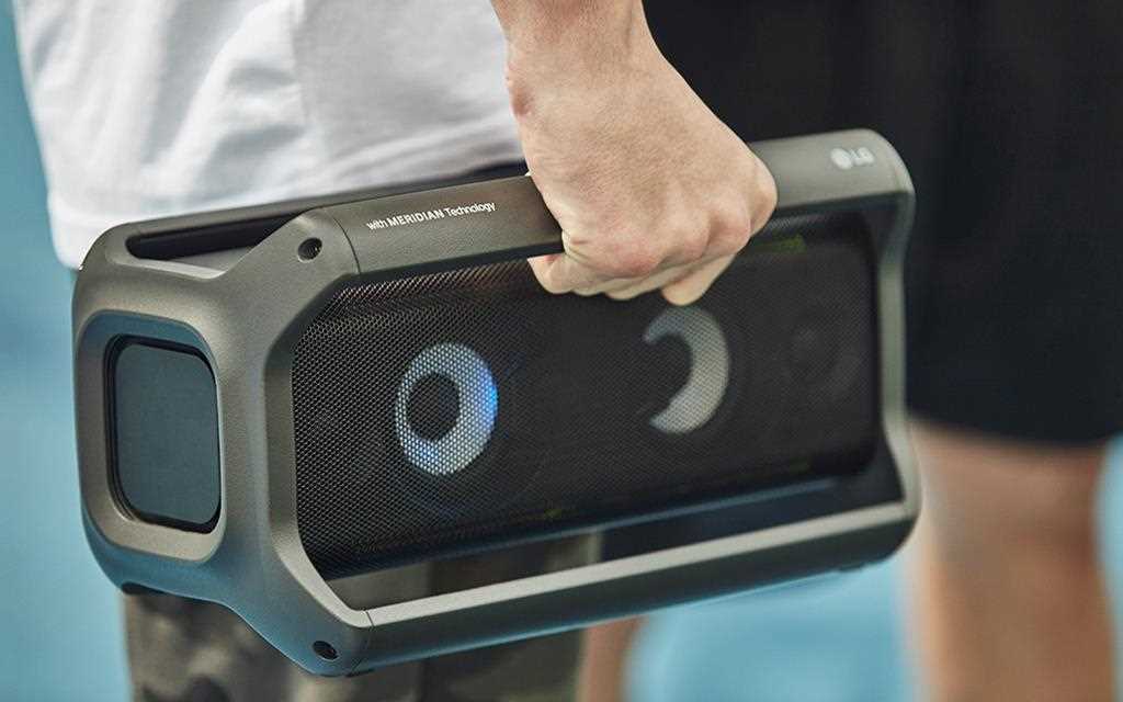 A front view of LG audio speaker PK5 at outdoor sports scene