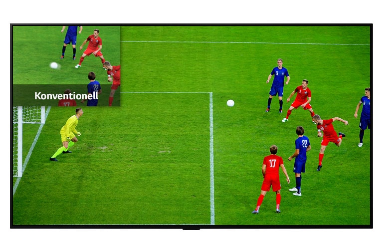 TV-Bildschirm mit Bild-in-Bild-Ansicht zum Vergleich der Pixelqualität von LCD/LED- und OLED TVs.