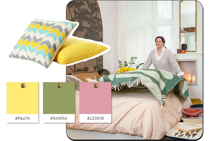 Das Bild einer Frau, die eine dünne gemusterte Decke auf ihrem Bett ausbreitet, mit einem Kissen und einer Farbpalette neben dem Bild.	