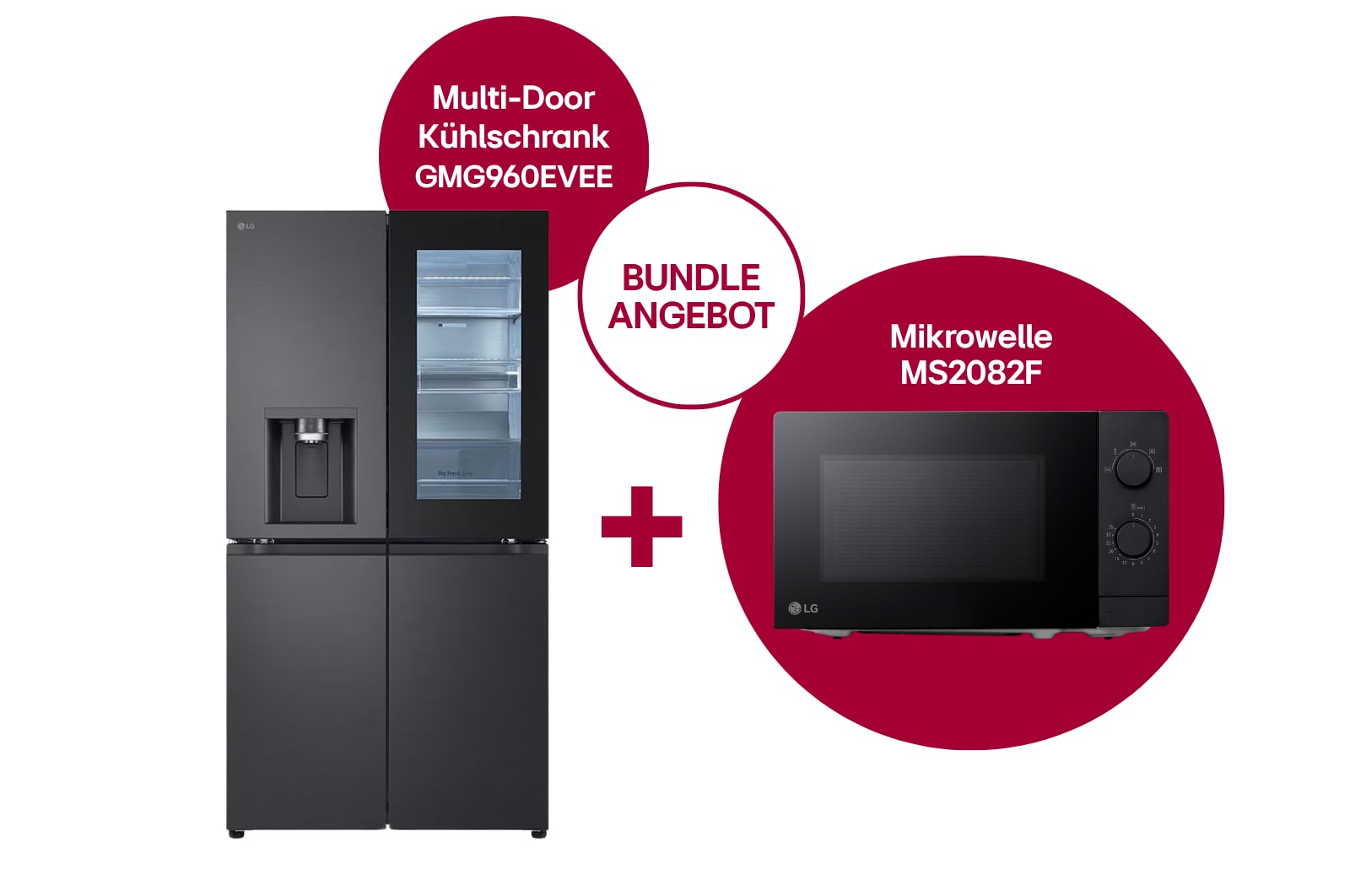 Vorderansicht von Multi Door mit InstaView® | Cubed Ice-, Crushed Ice-, Craft Ice und Wasserspender | 638 Liter Kapazität | Energieeffizienzklasse E | Festwasseranschluss + Solo-Mikrowelle Schwarz (20 L, 700 Watt) mit EasyClean GMG960EVEE.MS20002