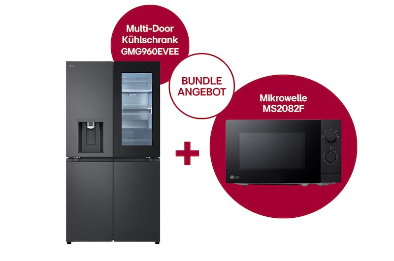 Vorderansicht von Multi Door mit InstaView® | Cubed Ice-, Crushed Ice-, Craft Ice und Wasserspender | 638 Liter Kapazität | Energieeffizienzklasse E | Festwasseranschluss + Solo-Mikrowelle Schwarz (20 L, 700 Watt) mit EasyClean GMG960EVEE.MS20002