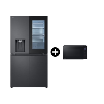 Vorderansicht von Multi Door mit InstaView® | Eis-, Crushed Ice- und Wasserspender | 638 Liter Kapazität | Energieeffizienzklasse E | Festwasseranschluss | GMG960EVJE + Mikrowelle Schwarz (20 L, 1050 Watt) mit Quarzgrill, Smart Inverter Technologie & EasyClean | MH6032GAS GMG960EVJE.MH60001