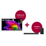 Vorderansicht von 48-Zoll LG OLED evo AI G6 4K Smart TV 2026 + 3.1.1 Kanal LG TV Soundbar DS70TY mit Dolby Atmos OLED48G69LS.DS70001