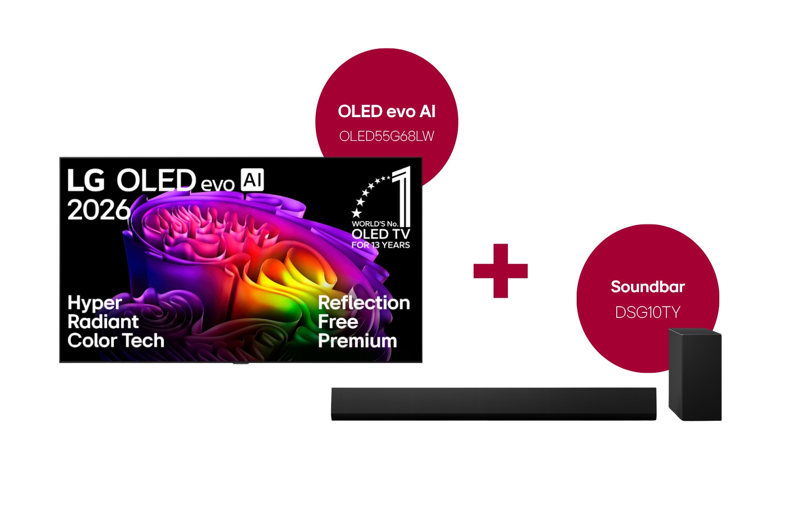 Vorderansicht von 55-Zoll LG OLED evo AI G6 4K Smart TV 2026 + 3.1 Dolby Atmos Soundbar DSG10Y mit 420 Watt OLED55G68LW.DSG1001