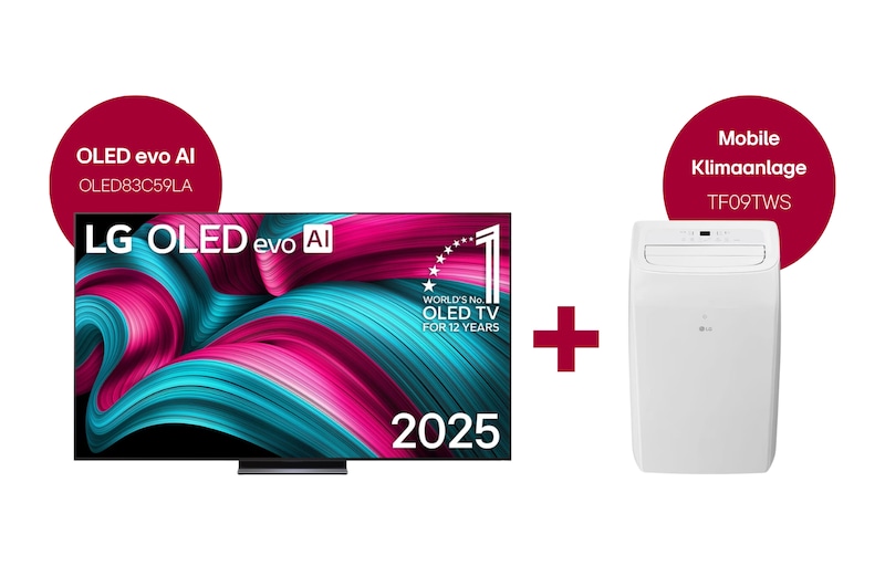 Vorderansicht von 83 Zoll LG OLED evo AI C5 4K Smart TV + Mobiles Klimagerät inkl. Fensterabdichtung OLED83C59LA.TF09001