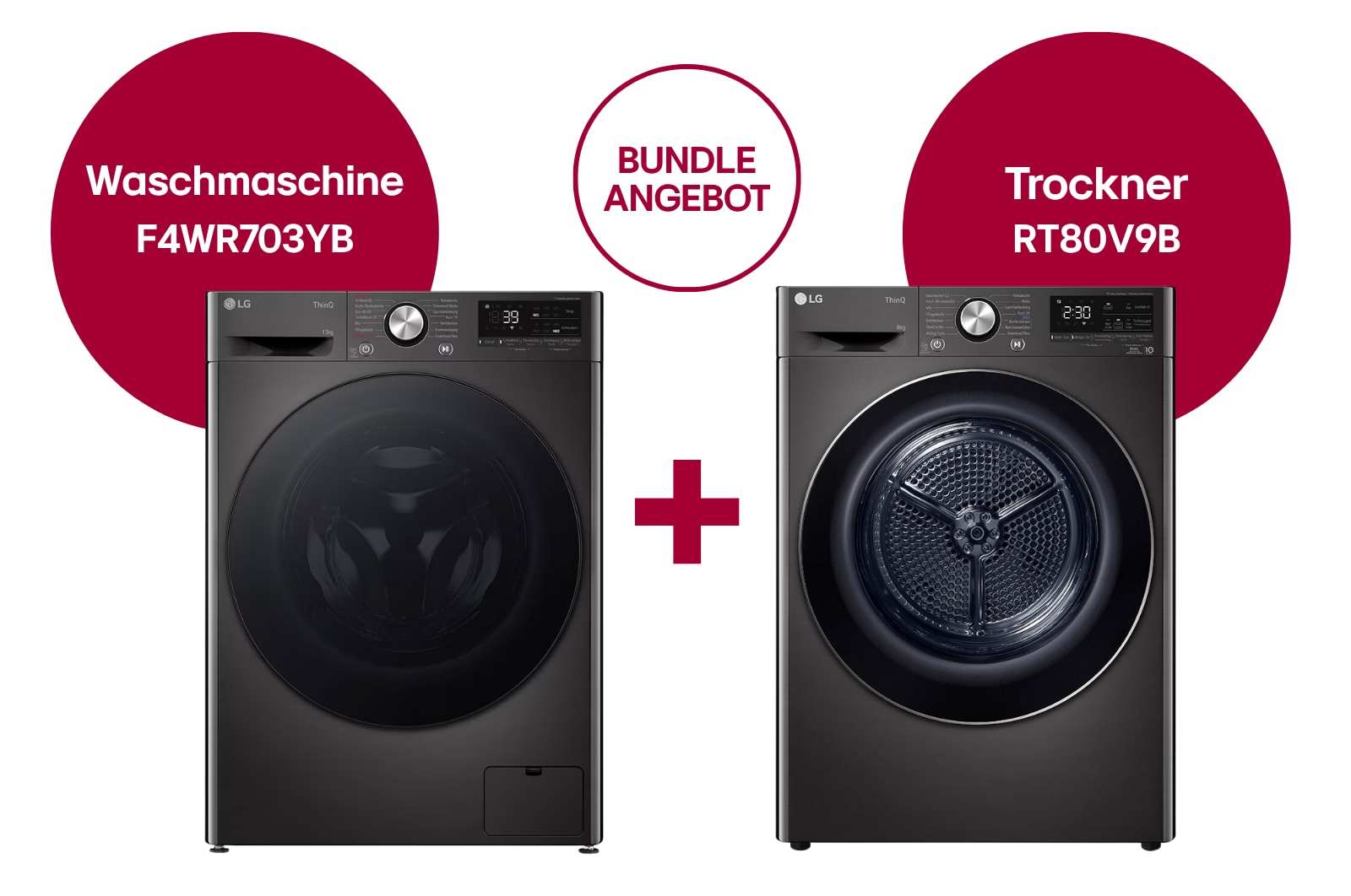 Vorderansicht von Schwarze Waschmaschine (13 kg, 1.400 U./Min.) und Trockner (8 kg) im Set F4WR703YB.RT80002