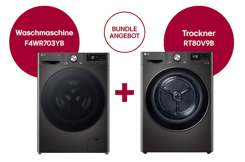 Vorderansicht von Schwarze Waschmaschine (13 kg, 1.400 U./Min.) und Trockner (8 kg) im Set F4WR703YB.RT80002